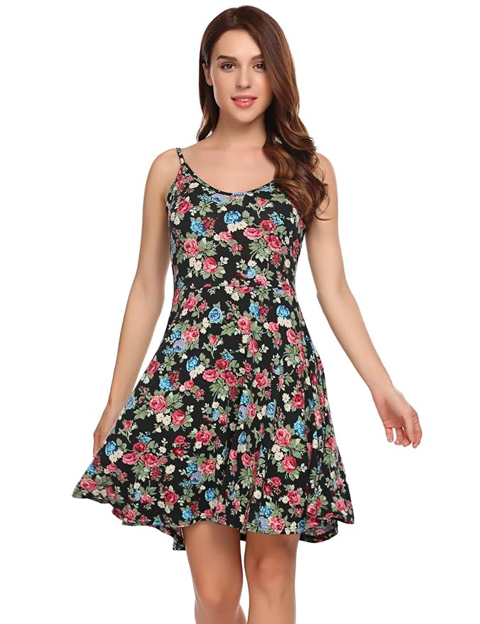 ACEVOG Damen Vintage Sommerkleid kenielang Spaghetti Trägerkleid Strandkleid Jerseykleid Ärmellose Minikleider mit verstellba
