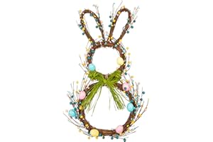 VGIA 27 Inch Artificial Easter Wreath Rabbit Wreath with Pastel Eggs and Mixed Twigs Spring Wreath for Front Door Bunny Wreath with Raffia Bow for Easter Decorations
