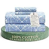 Feather & Stitch Softest 100% Cotton Sheets, 300 Thread Count Percale Weave Bedding, 16" Deep Pocket, Cooling Sheets, Breathable Bed Set, Hotel Premium Quality (Queen, Blue Paisley)