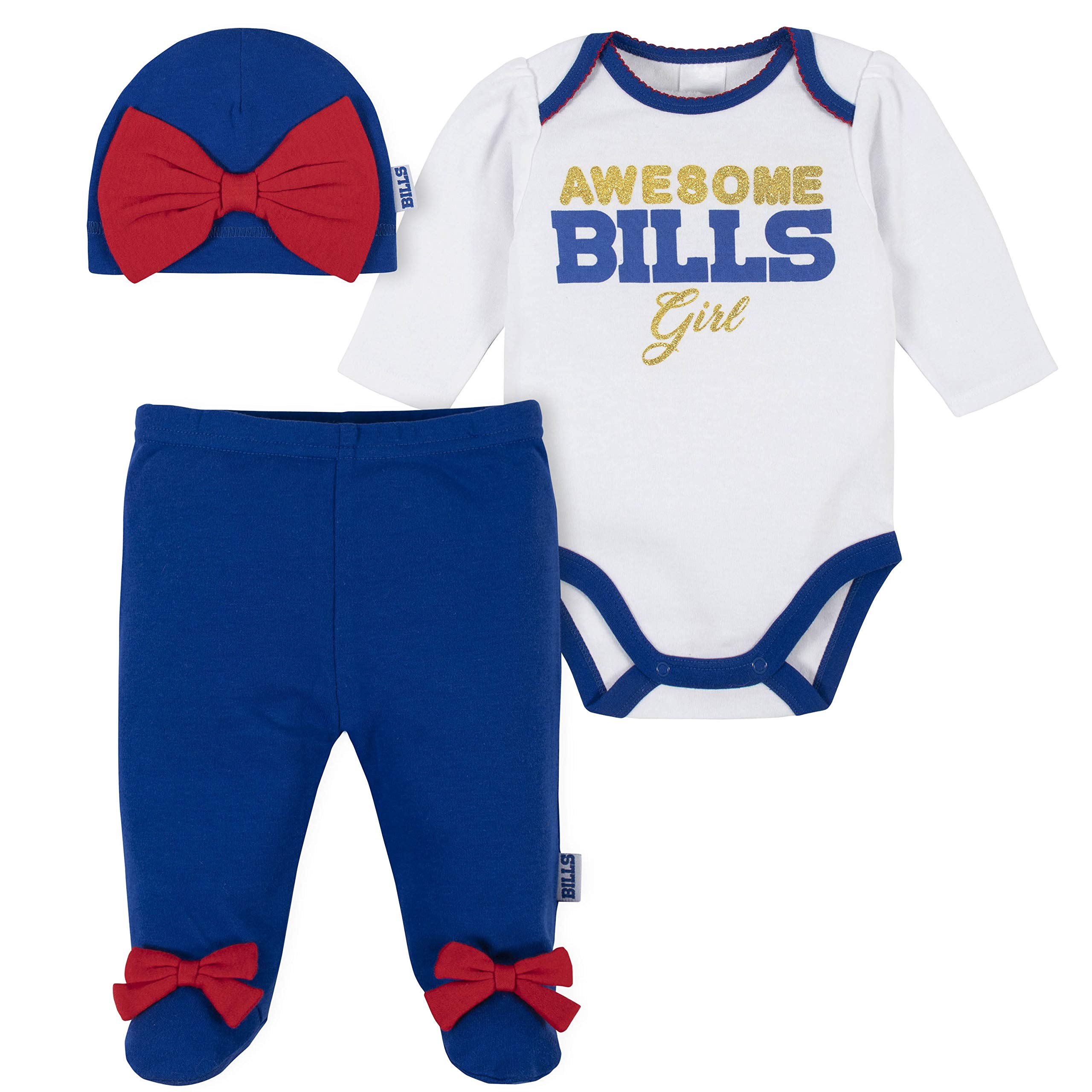 Gerber NFL Buffalo Bills 3 Pack Bodysuit Footed Pant and Cap Registry Gift Set, Blue/White Buffalo Bills, 6-9M Image