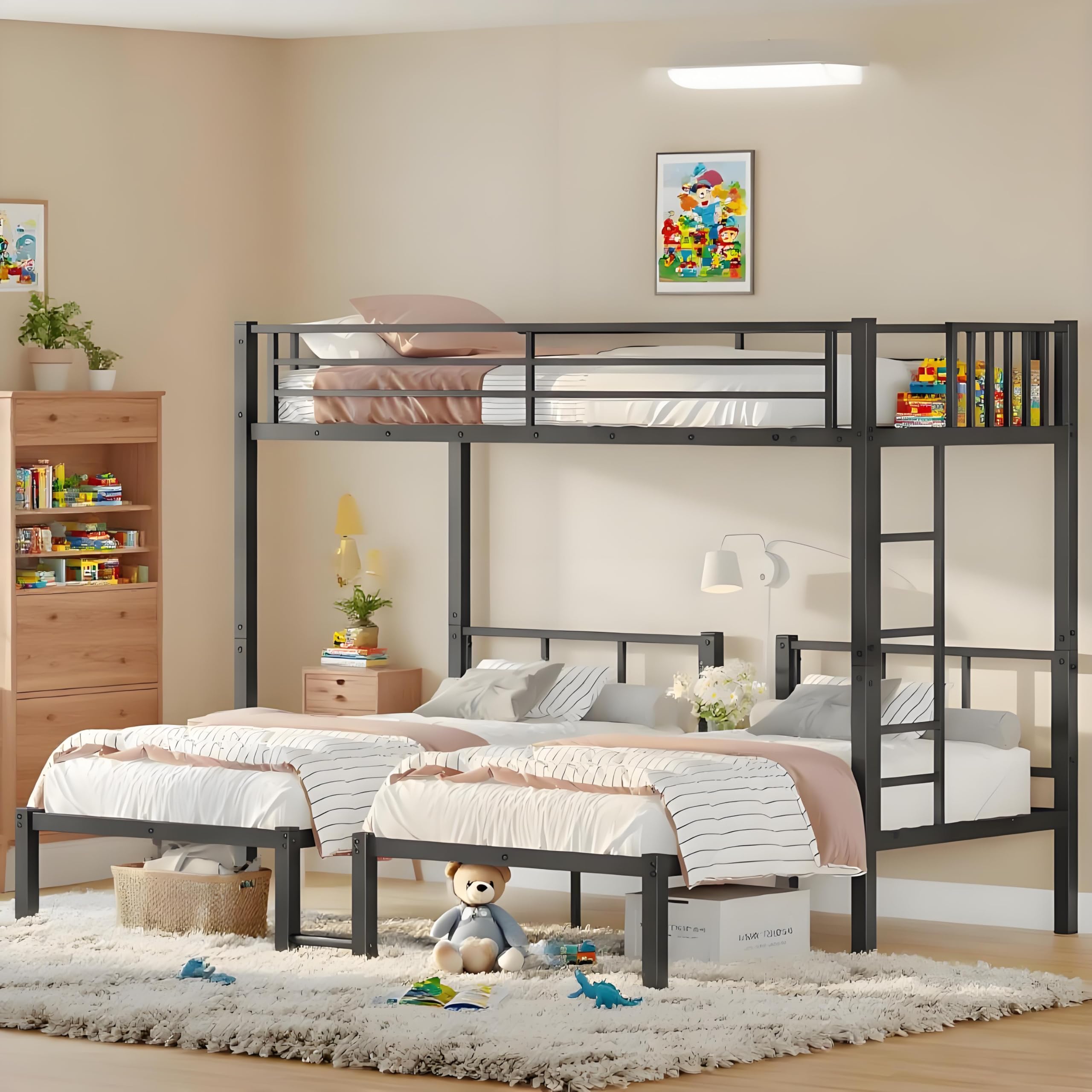 Photo 1 of **SELLING FOR PARTS AS PARTIAL SET. ONE BOX OF TWO **LINKHOO Twin XL Over Twin & Twin Triple Bunk Bed, Metal Twin XL Bunk Bed with Safety Guardrails and Ladder, Converts Into 3 Beds for Kids, No Box Spring Needed, Matte Black
