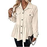 WDIRARA Women's Corduroy Jacket Long Sleeve Button Down Ruffle Babydoll Jackets Shackets