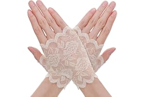 Quilax Lace Gloves Fingerless, Short Floral Lace Gloves Women Tea Party, Fingerless Glove for Women Bridal Prom Wedding Party Costume Accessories(Beige)