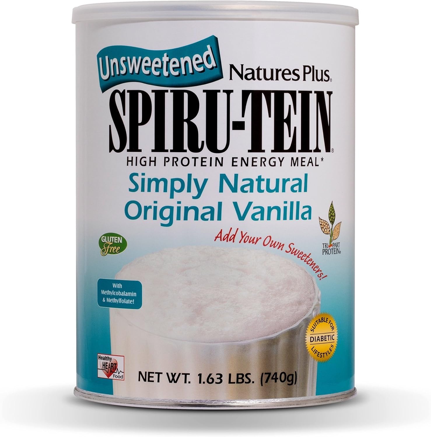 NaturesPlus Simply Natural SPIRU-TEIN Shake - Unsweetened Vanilla - 1.63 lbs, Protein Powder - Meal Replacement - Natural Energy - Supports Diabetic Lifestyle - Vegetarian, Gluten-Free - 32 Servings