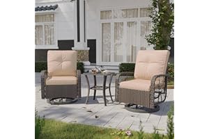 Aoxun 3 Pieces Outdoor Swivel Rocker Chair Set of 2 with Small Side Table Wicker Rattan Patio Furniture Set Outdoor Rocking Chair Set for Backyard, Balcony, Deck (Beige)