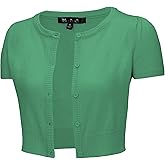 YEMAK Women's Cropped Bolero Cardigan – Short Sleeve Crewneck Basic Classic Casual Button Down Knit Soft Sweater Knitted Top