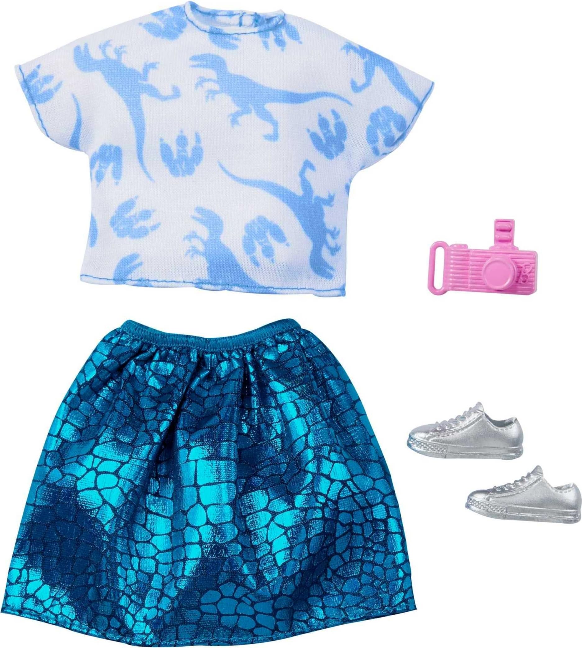 Barbie Jurassic World GRD48 Fashion Look Pack, Turquoise Shiny Skirt with Shirt, Shoes and Camera Shoes and Necklace