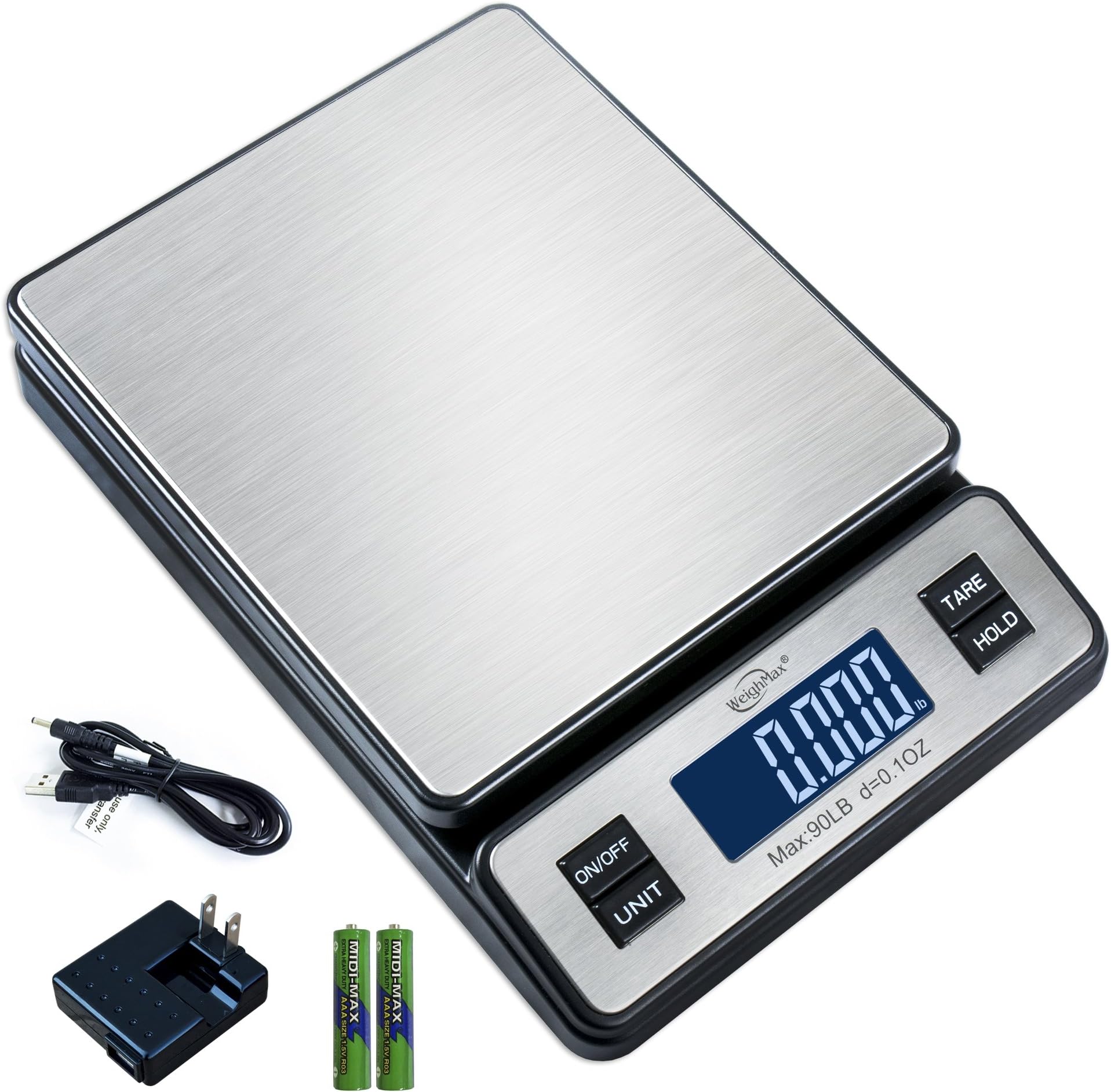 Weighmax W-2809 90 LB X 0.1 OZ Durable Stainless Steel Digital Postal Scale, Shipping Scale with AC Adapter
