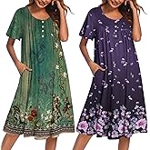 Ekouaer 2 Pack House Dresses for Women with Pockets Short Sleeve Moomoo Nightgown Plus Size Mumu Dress Floral Lounge Dress