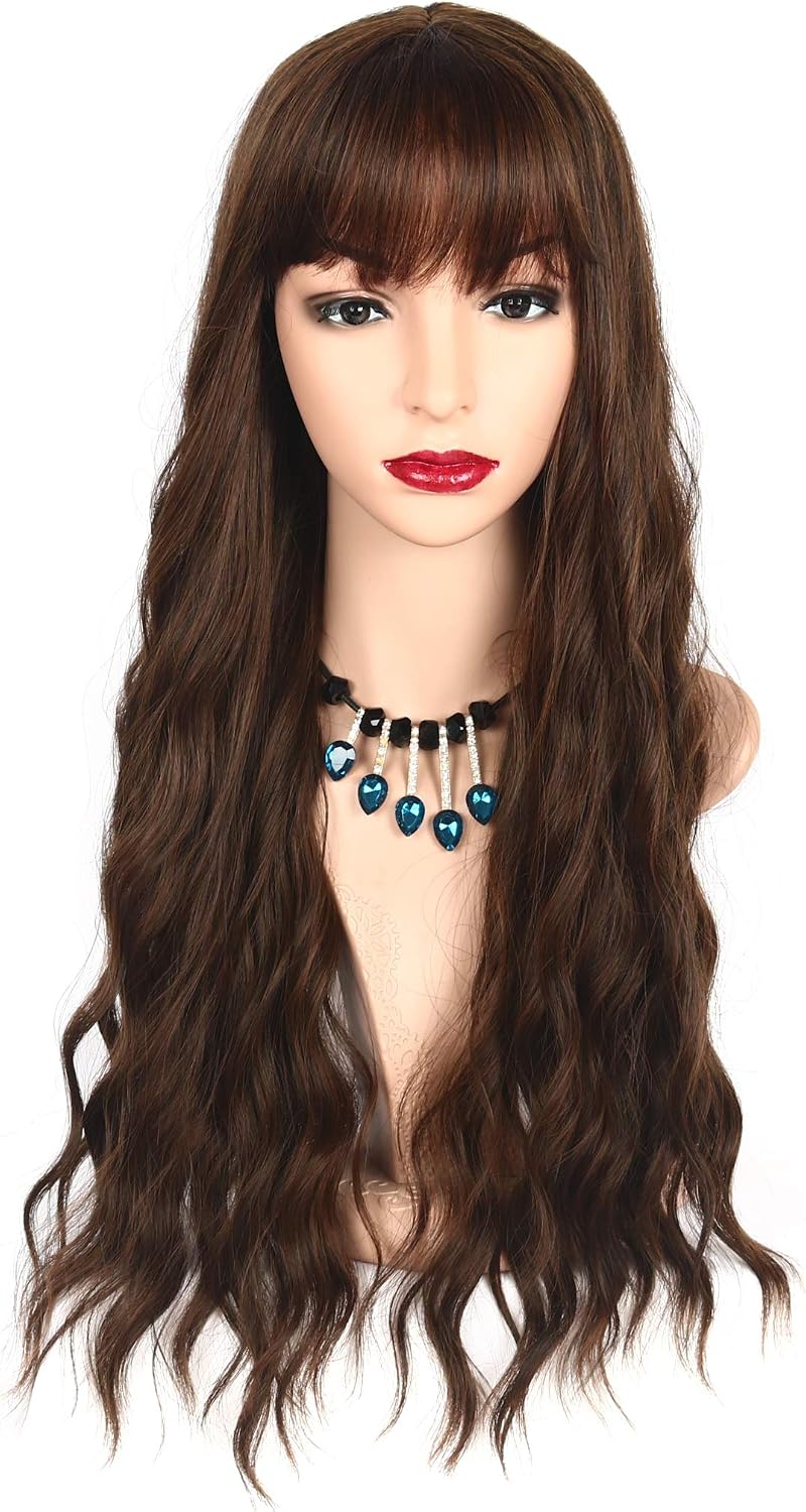 Chisu Synthetic Wigs With Bangs For Women Glueless Wigs Long Wavy Style Wig 26inches Linen Yellowish Brown Color