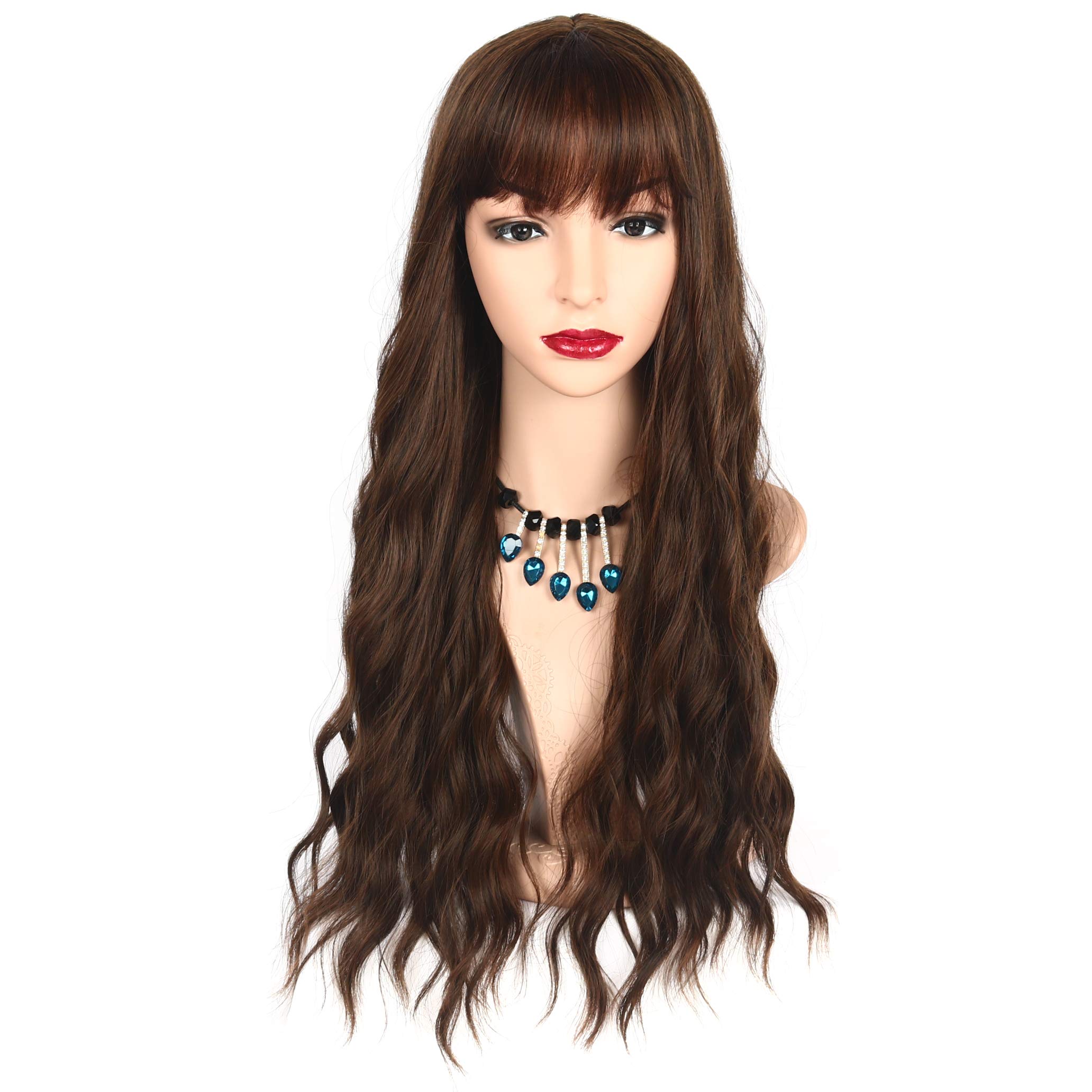 Chisu Synthetic Wigs With Bangs For Women Glueless Wigs Long Wavy Style Wig 26inches Linen Yellowish Brown Color