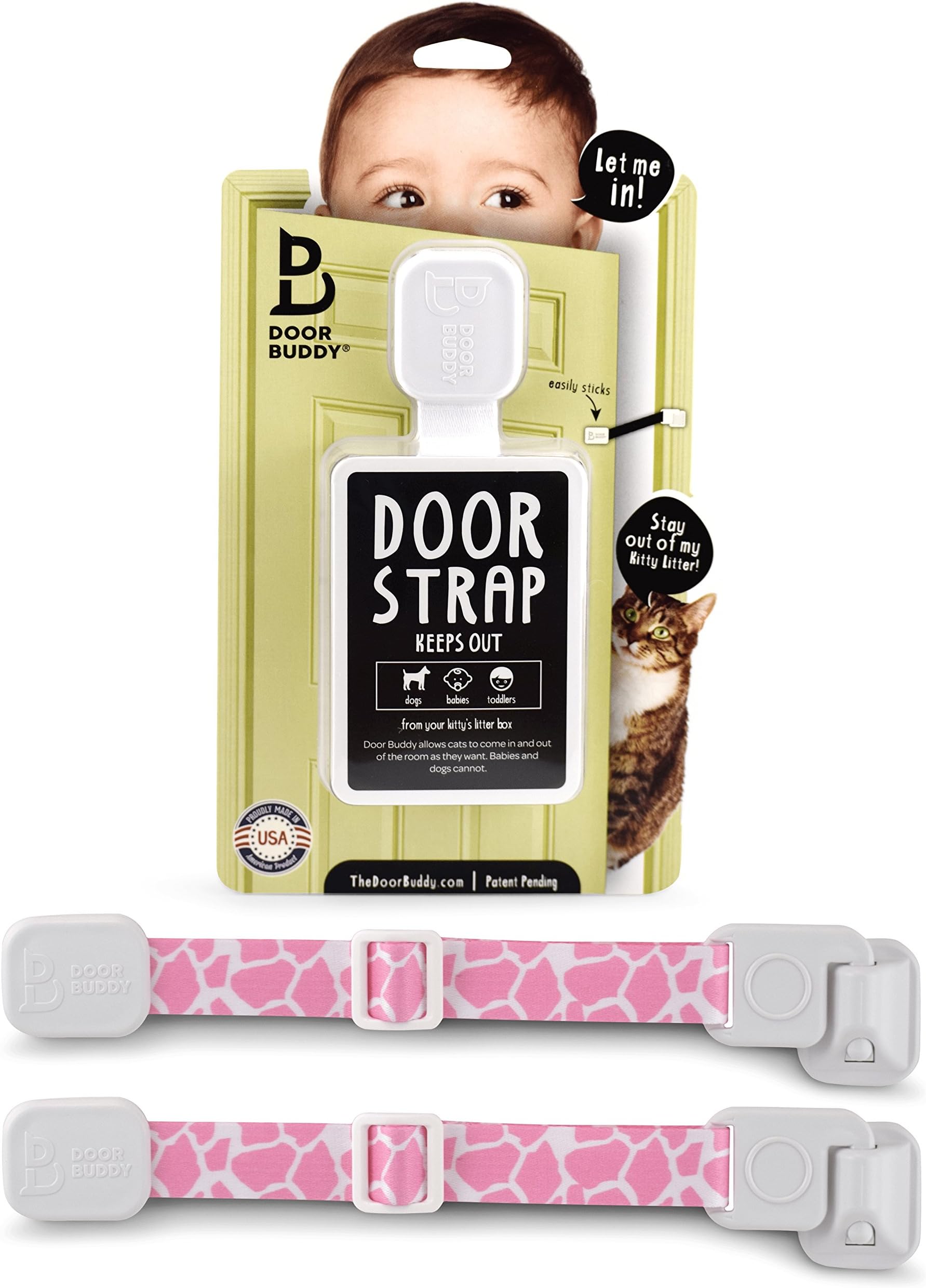 Door Buddy Child Proof Lock with Adjustable Strap, No Need for Baby Gate, Baby Proof Litter Box, Installs in Seconds, Simple & Convenient to Use, Pink, 2 Pack