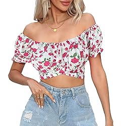 COOUFE Women's Crop Tops Ruffle Short Sleeve Tie