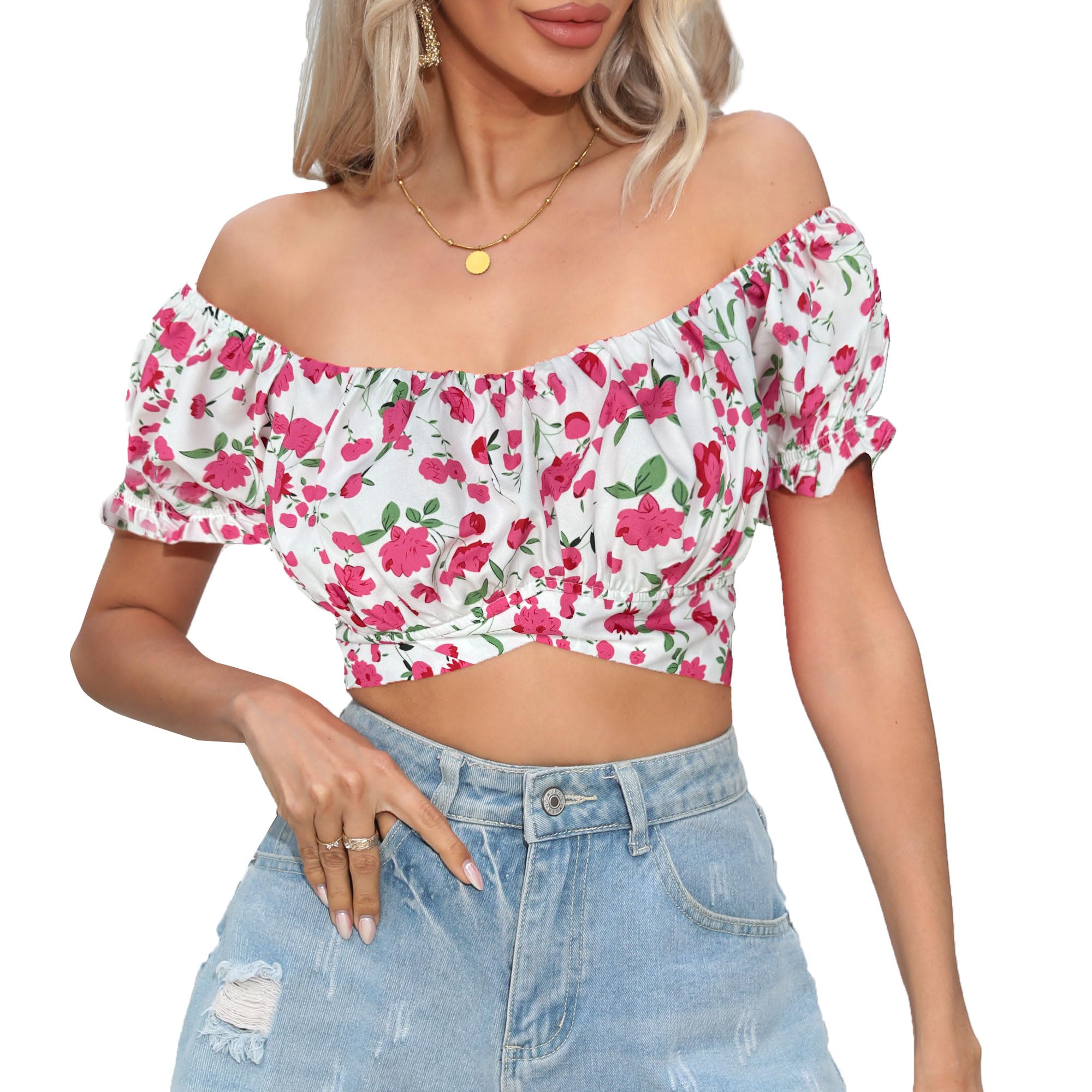 COOUFE Women's Crop Tops Ruffle Short Sleeve Tie