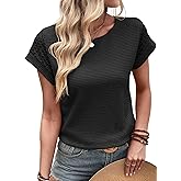 Dokotoo Womens Summer Tops 2026 Waffle Knit Lace Hollow Out Short Sleeve T-Shirts Crewneck Casual Loose Basic Tee Blouses