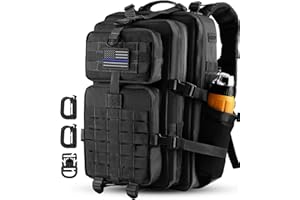 Hannibal Tactical 45L MOLLE Assault Backpack, Tactical Backpack Military Army Camping Rucksack with Bottle Holder, 3-Day Pack Trip w/USA Flag Patch, D-Rings, Black