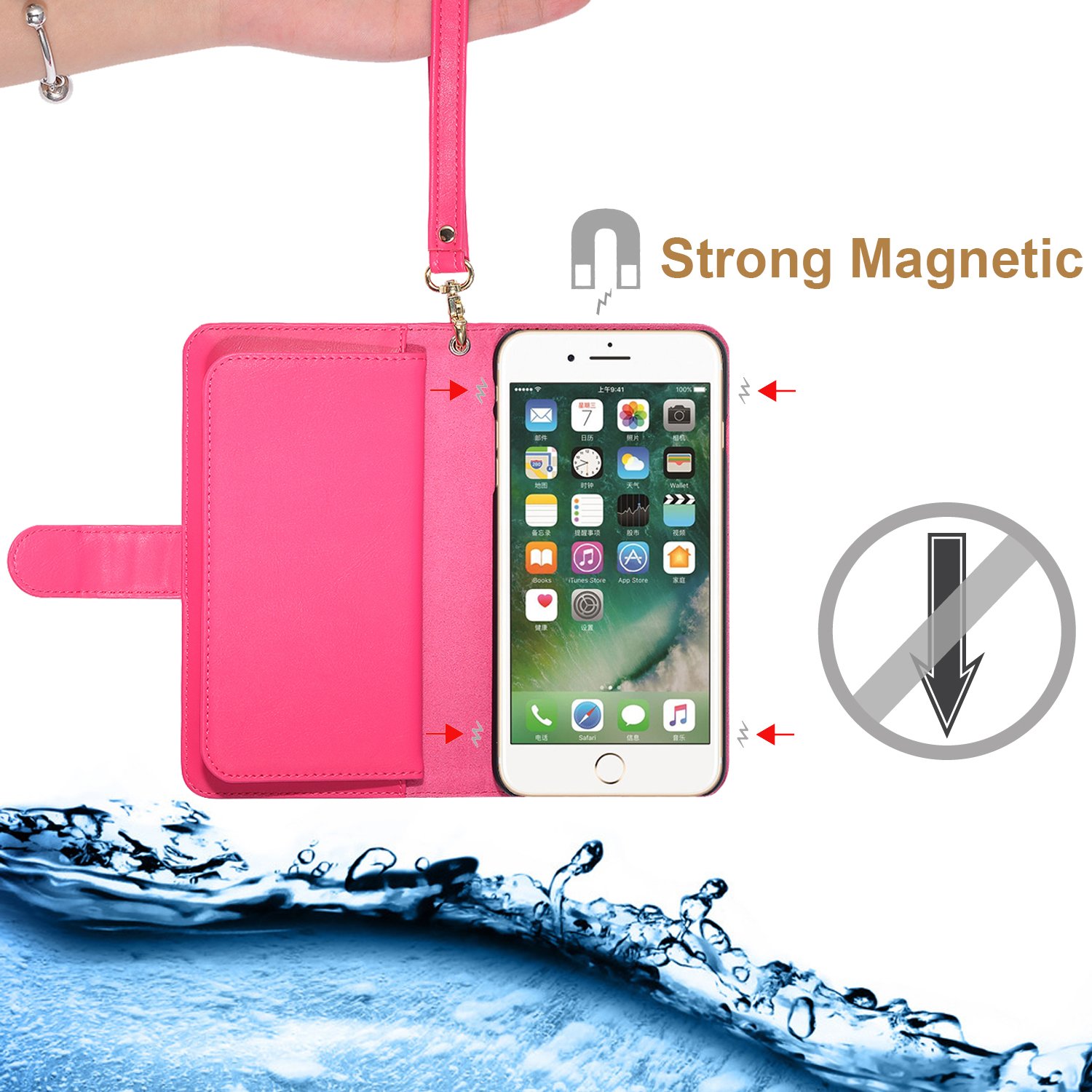 2 in 1 iPhone 7 iPhone 8 Case Wallet Folio Flip PU Leather Case Magnetic Detachable Inner Shell and Slim Back Cover Card Holder Slot Wrist Strap for iPhone 7 iPhone 8 4.7 inch (Hot Pink-7/8)