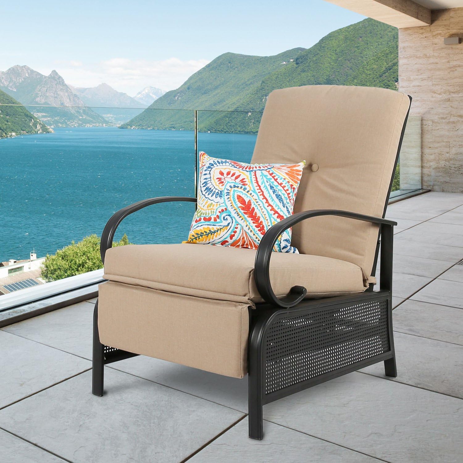 Ulax Furniture Patio Recliner Chair Automatic Adjustable Back Outdoor Lounge Chair with 100% Olefin Cushion (Beige): Kitchen & Dining