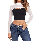 Avidlove Mesh Crop Tops for Women Mock Neck Long Sleeve Crop Top See Through Shirt Top Sexy Clubwear