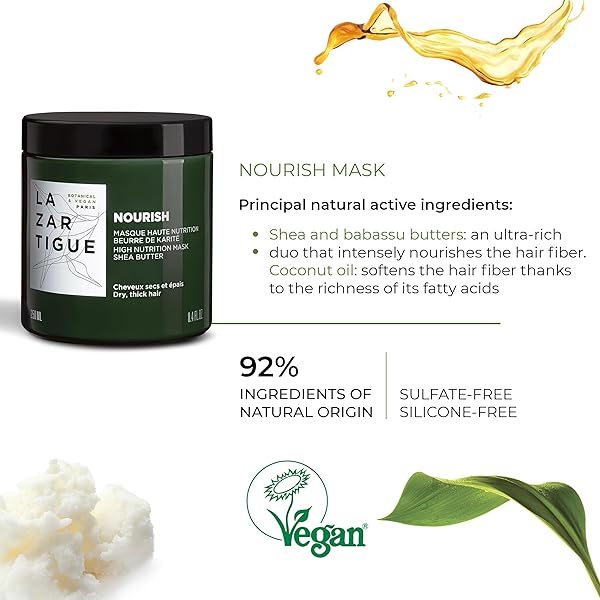 LAZARTIGUE NOURISH MASK – MOISTURIZING, CONDITIONING TREATMENT WITH COCONUT OIL AND SHEA BUTTER – NON-GREASY, EASY RINSE, SUPER CREAMY FORMULA – 100% VEGAN, SULFATE AND SILICONE FREE – 8.4 OZ