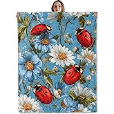 VOPNXLT Ladybug and Daisy Floral Blanket, Soft Cozy Lightweight Colorful Red Bug with Wildflowers Throw Blanket for Women Girls, Sofa Couch Bed 50x60 Inch Flannel Blankets for Travel Decor Gifts