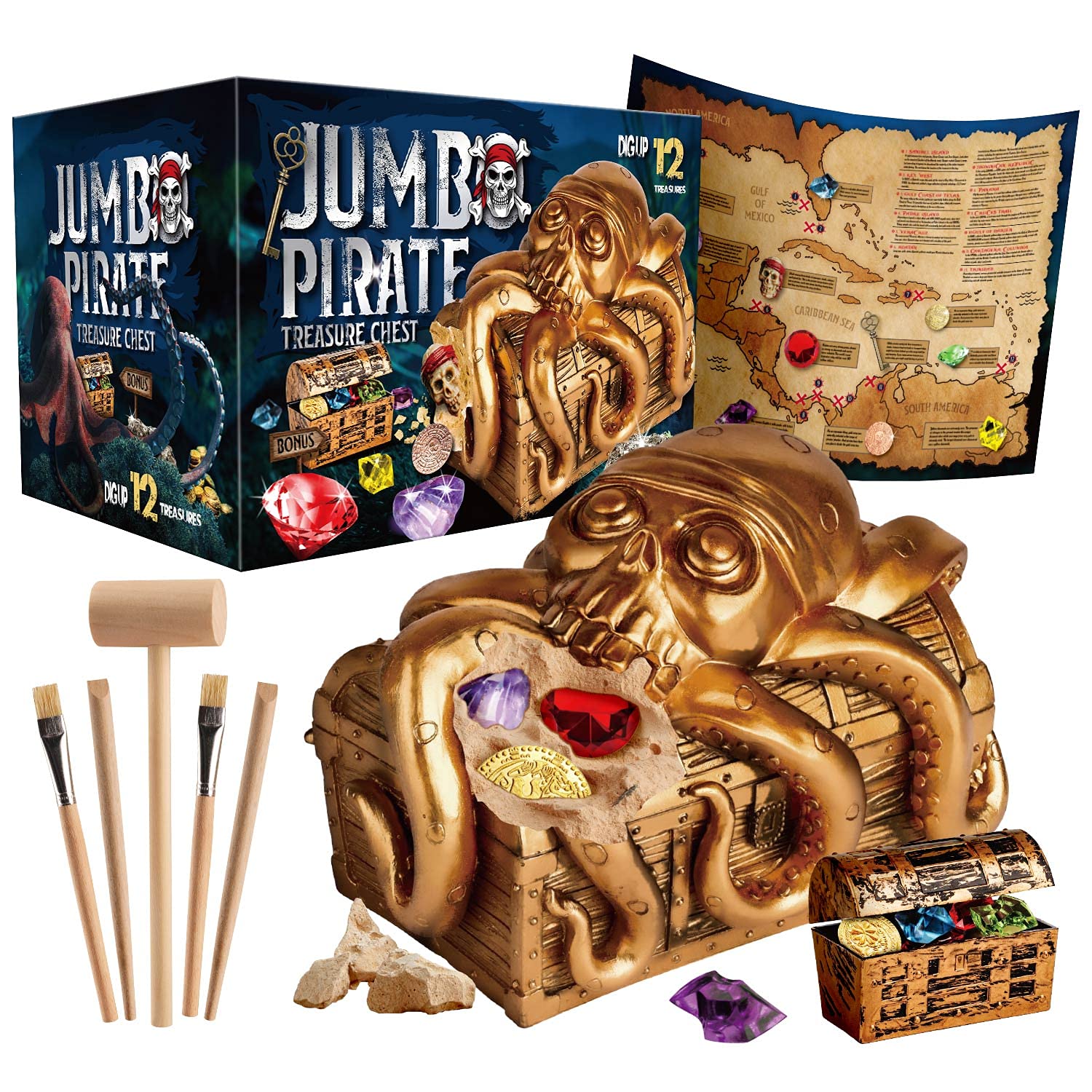 XXTOYS Jumbo Pirate Dig Kit - Dig up 12 Pirate Treasures, Gemstones, Gold Coins - Pirate Toys for Kids - Great Birthday Party Supplies, Gifts Idea for Boys & Girls - Includes Treasure Chest