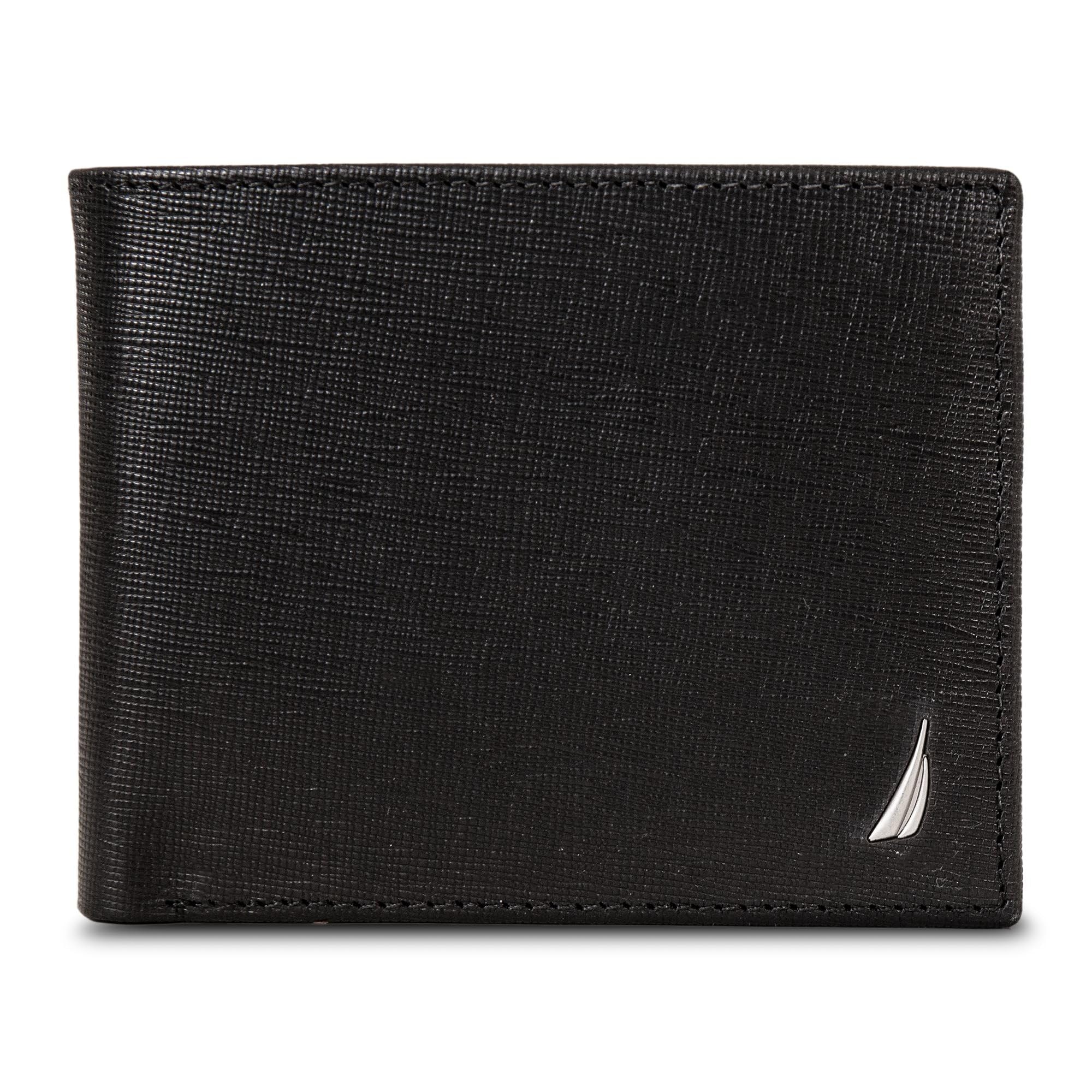 Nautica Men's Bifold Leather Wallet | RFID Blocking | ID Window | Card Slots | Organization | Durable | Stylish, Saffiano - Black Image