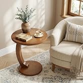 Tribesigns C Shaped End Table, Round Wood Side Table, Mid-Century Modern Style, Heavy Base, for Living Room, Bedroom, Small Space, Brown