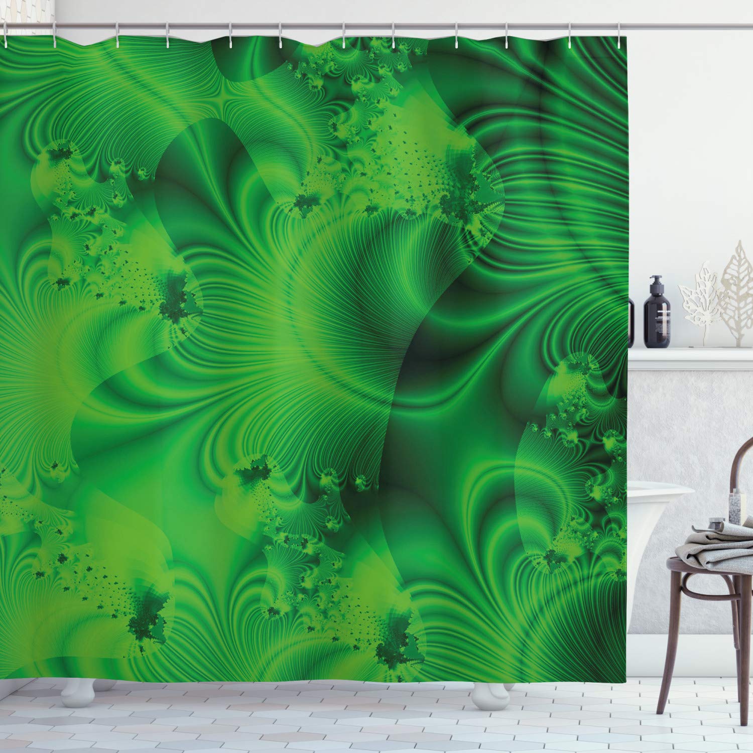 ABAKUHAUS Lime Green Shower Curtain, Vibrant Abstract Hazy Psychedelic Wavy Color Background Hippie Digital Artificial, Cloth Fabric Bathroom Decor Set with Hooks, 70 Inches, Emerald