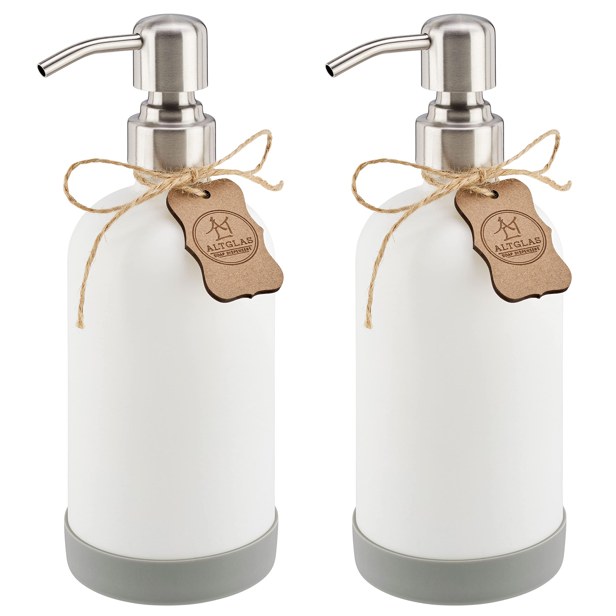 ALTGLAS Refillable Glass Soap Dispenser 'Sarajevo' from White Bottle with Stainless Steel Pump and Silicone Coaster (500ml, Set of 2)