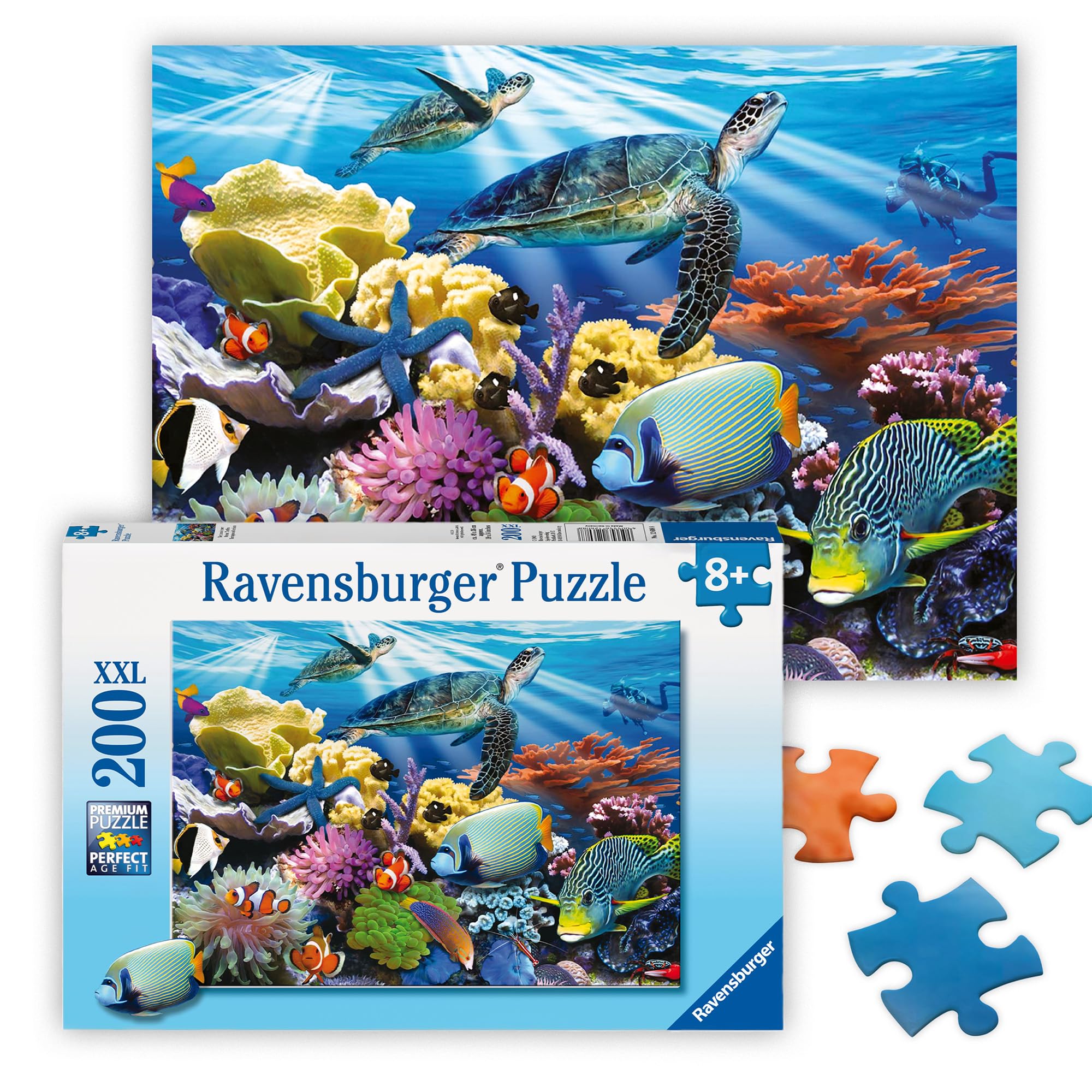 Ravensburger - Tortugas oceánicas - Rompecabezas de 200 piezas - Impresionante y atrevida escena del océano - Imagen brillante de tortugas, corales y criaturas marinas - Calidad premium - Regalo ideal - Diversión sin pantallas - Niños a partir de 8 años