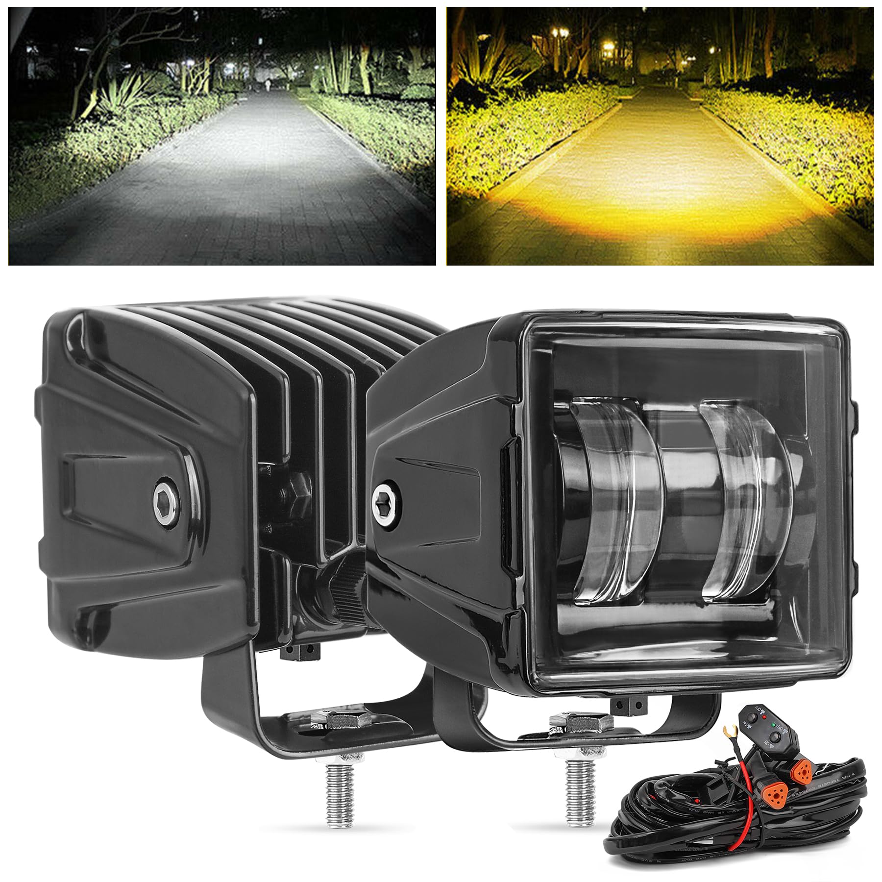 Photo 1 of KARSAM 3Inch 100W Cube LED Pod Lights, White Offroad & Amber Square Fog Lamp With DT Plug Wiring Harness, Flood Ditch Light for Trucks Jeep SUV Ford F150 Tacoma Raptor