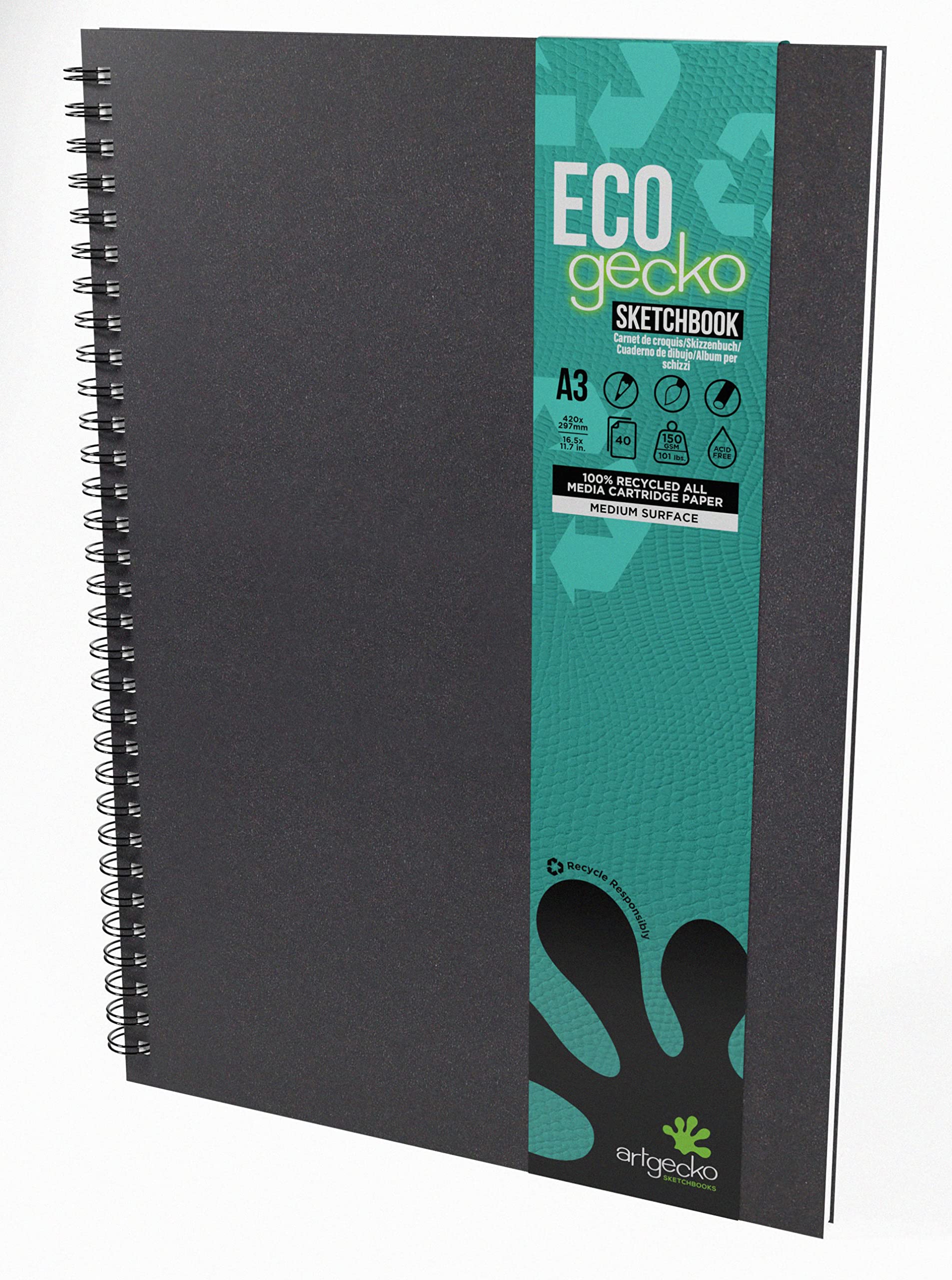 Artgecko Recycled Sketch Book A3 Portrait - 80 Pages (40 Sheets) 150gsm Recycled White Cartridge Paper