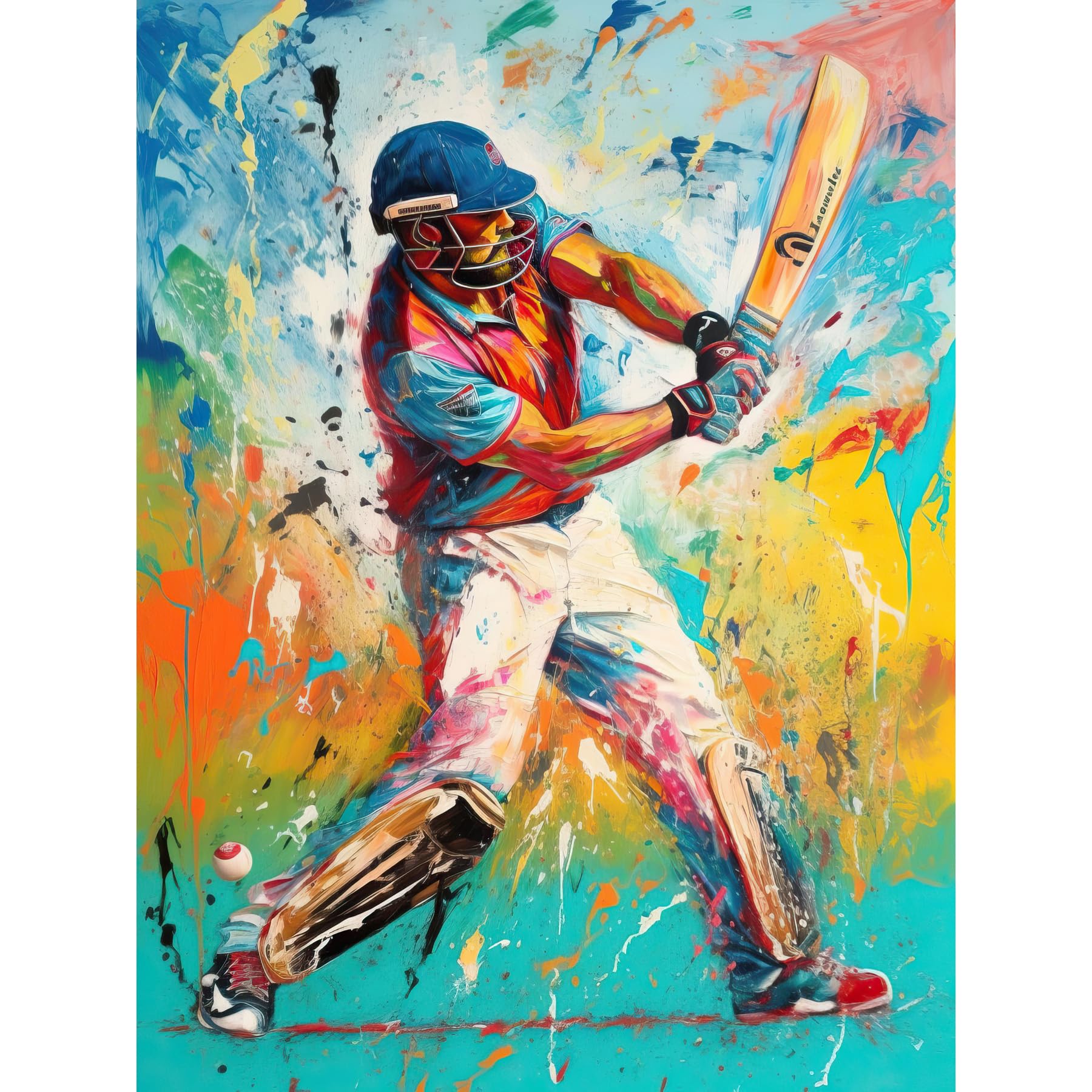Artery8 Cricket Shot Vibrant Cricketer Batsman Portrait Extra Large XL Wall Art Poster Print