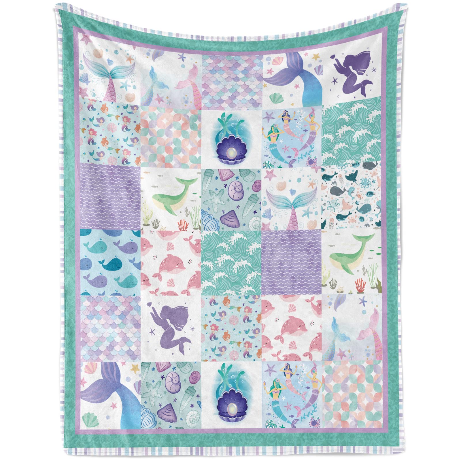 Mermaid Throw Blanket for Baby Girls, Soft Mermaid Plush Flannel Blanket for Toddler, Purple Green Cartoon Mermaid Ocean Theme Cozy Fluffy Blanket for Kids Gift Couch Sofa Nursery , 100 x 130 cm
