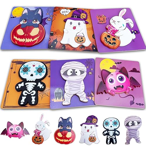 Halloween Puzzle Toys 6 Pack Wooden Puzzles for Toddlers Montessori Toy for 1 2 3 4 Year Old Boys Girls Toddler Gifts Halloween Treat Bags Gifts