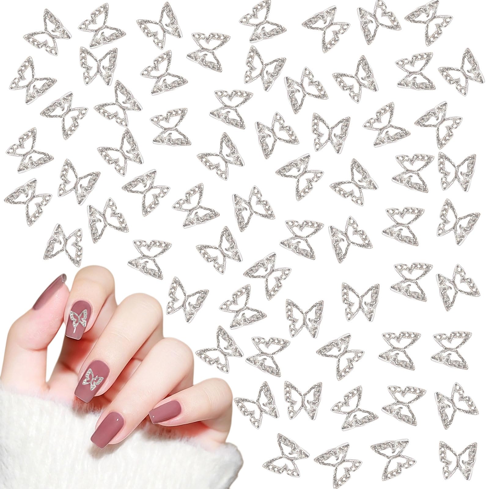 100PCS Hollow 3D Butterfly Nail Art Charms - Metal Butterfly for Women Girls Manicure Design Decoration DIY Crafts (Silver)