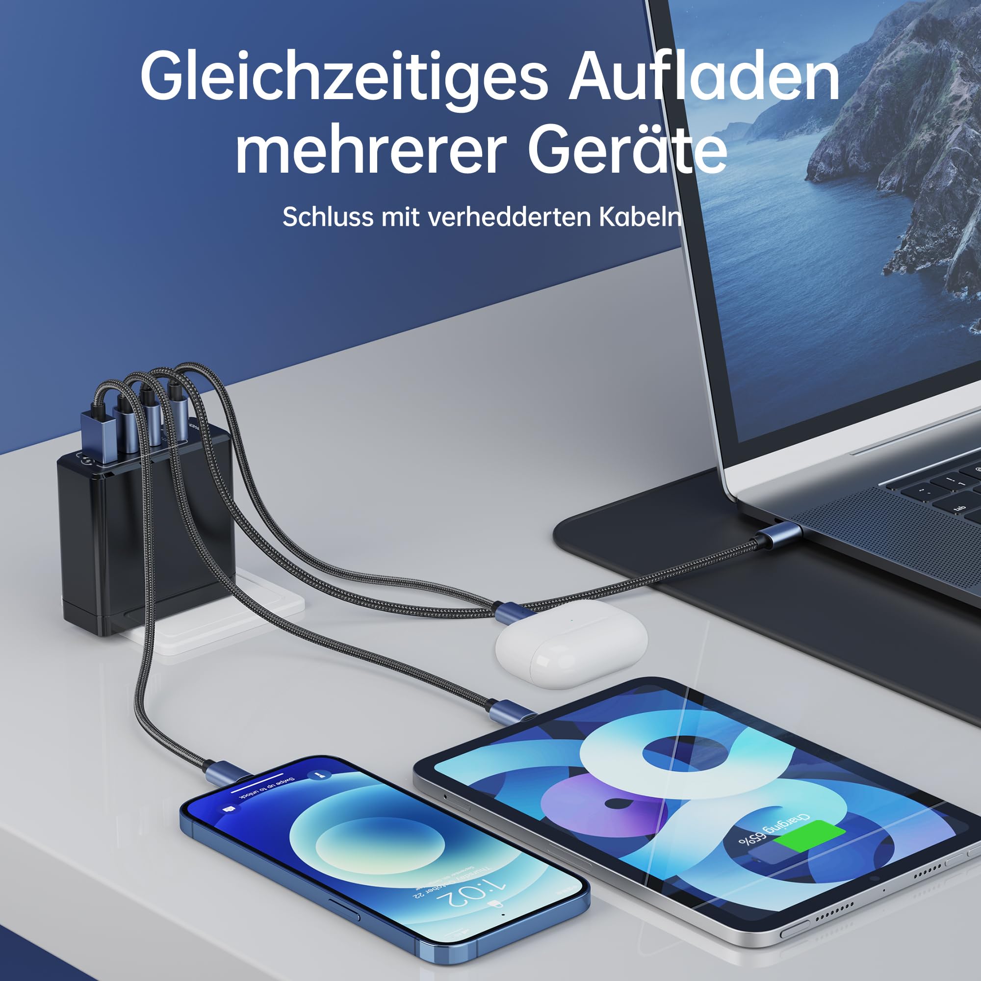 NOHON USB-C Ladegerät Fast Netzteil: 100W GaN Handy 3-Port Schnellladegerät PD Charger 3.0 mit 140W Typ-C 1.2M ladekabel | PPS kompatibel mit MacBook iPad Pro Air Galaxy S23 | für iPhone 15 14 13 12 7