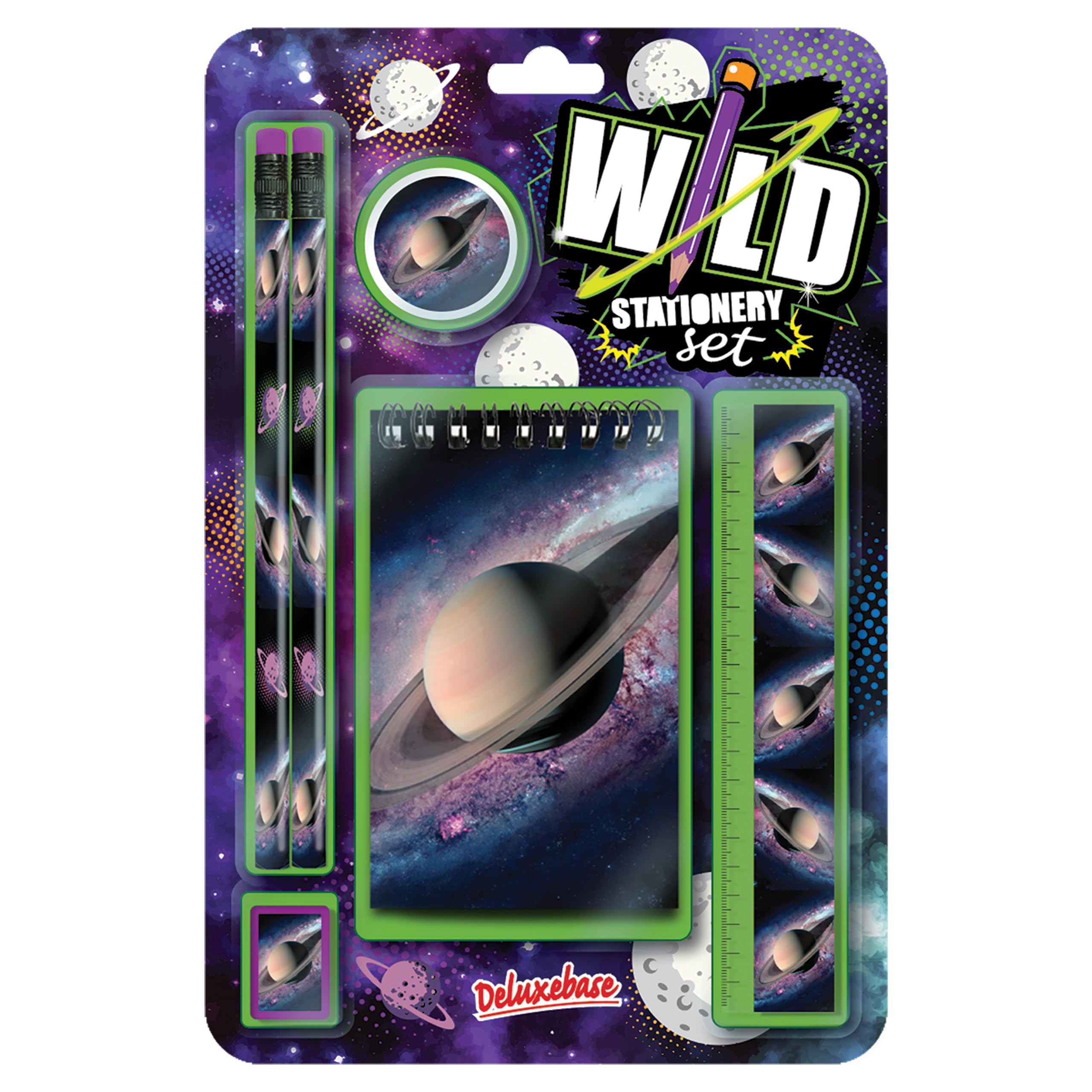 Deluxebase Wild Stationery Set โ Space, 6 Piece School Supplies Set including Notebook, 2 Pencils, Ruler, Pencil Eraser and Sharpener, Fun Astronomy Stationery Gifts for Kids and Students. โ image 1