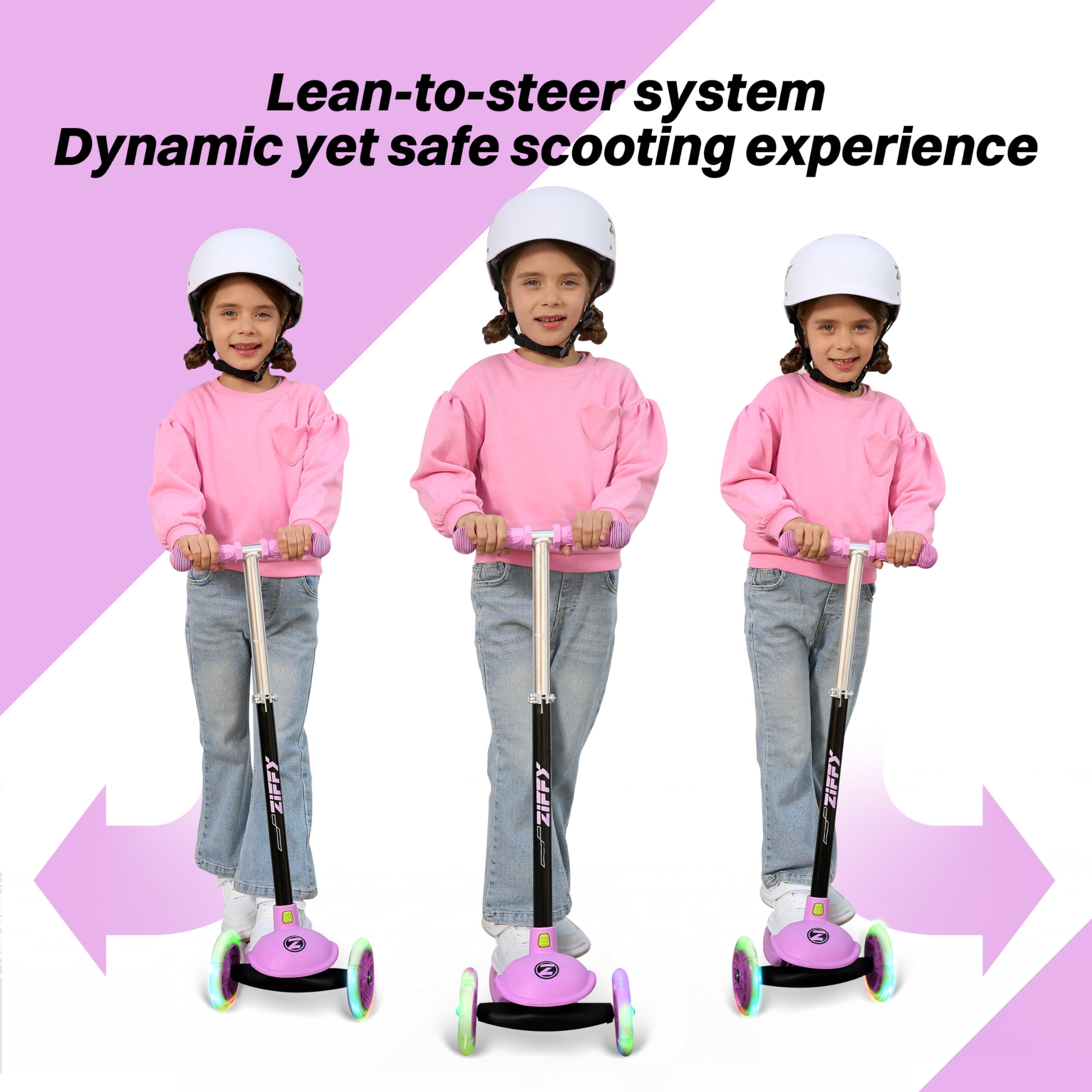 ZIFFY 3-Rad-Kinderroller 3–5 Jahre – Blau/Grün/Pink/Violett – LED-Leuchträder, Neigelenkung, Hinterradbremse – Höhenverstellbarer Lenker 44–61 cm – 1,8 kg, schnell zerlegbar 3