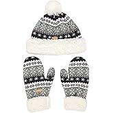 BambooMN Women's Classic Winter Fleeced Thermal Pom Pom Beanie Hat and Mittens Set