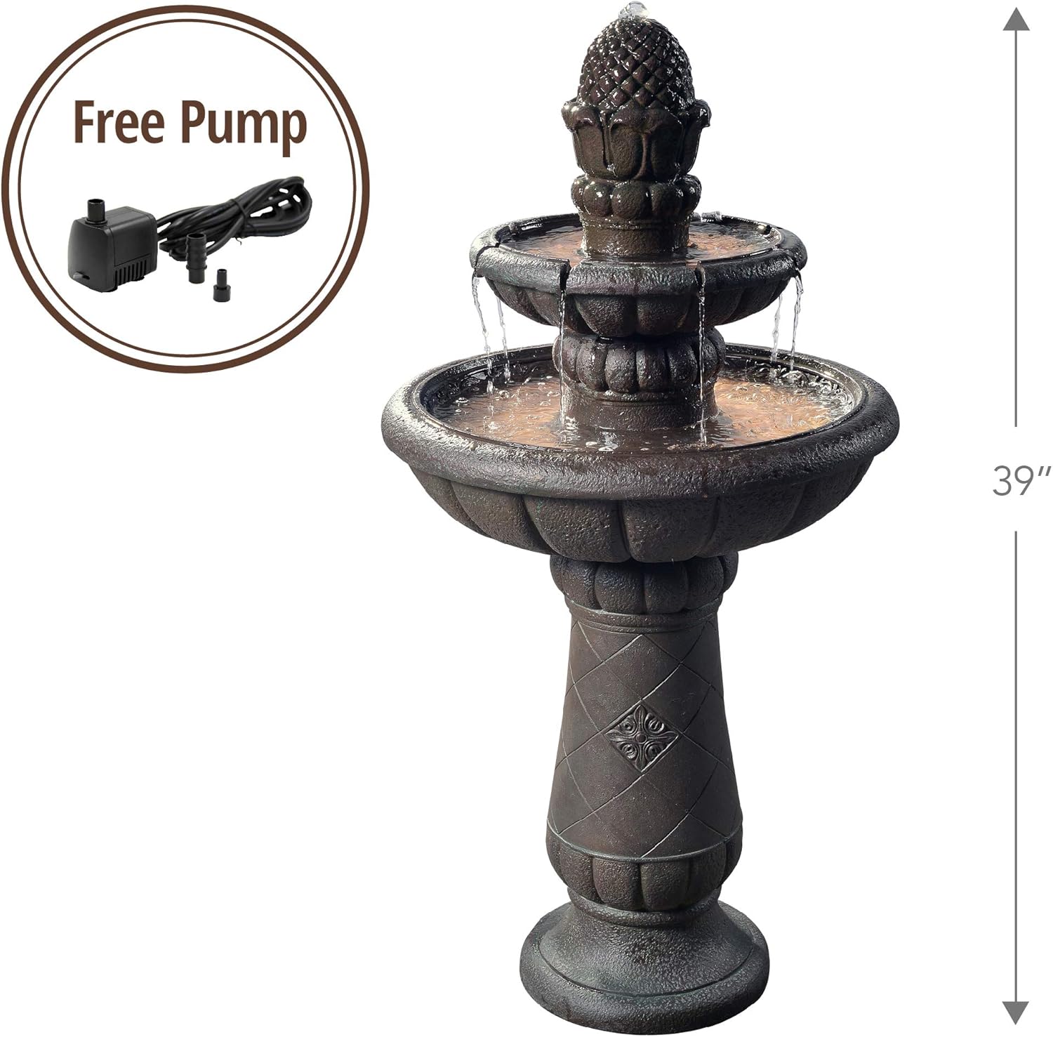 Peaktop Deluxe Pineapple Pedestal 2 Tiered Floor Waterfall Fountain with Pump for Outdoor Patio Garden Backyard Decking, 39 Inch Height, Iron Gray: Home & Kitchen