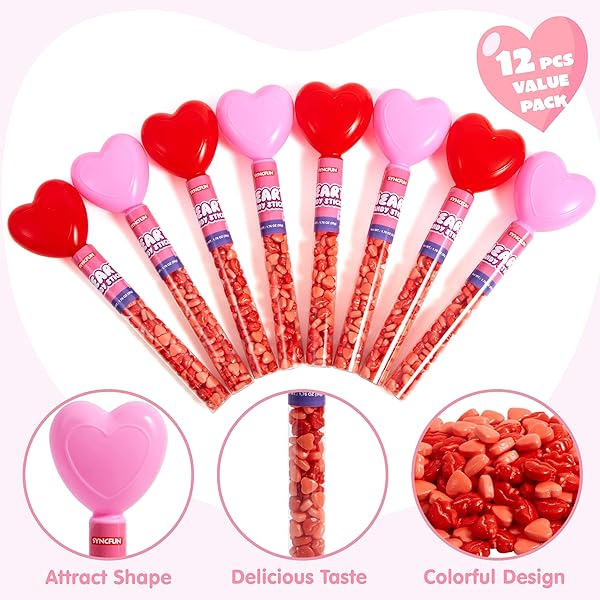 SYNCFUN 12PCS HEART SHAPE RED HARD CANDY WITH TUBE BUNDLE INDIVIDUALLY WRAPPED, SNACKS TINY STICK FOR PARTY FAVOR, REWARD PRIZES