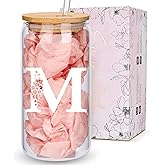 Personalized Gifts for Women, Monogrammed Glass Cups with Lids and Straws, Custom Tumbler, Cute Customized Mug, Aesthetic Stuff, Initial Iced Coffee Cup, Drinking Glasses, Birthday Teacher Gifts, M