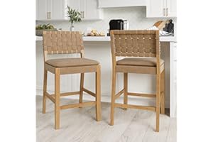 Nathan James Cohen Mid-Century Modern Leather Bar Stool, Counter Height Chair in Solid Wood Frame with Footrest and Woven Leather Back for Kitchen, Natural Brown, Set of 2