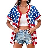 Women's American Flag Button Down Jersey Shirt Patriotic USA Short Sleeve Shirts 4th of July Baseball Tee Top