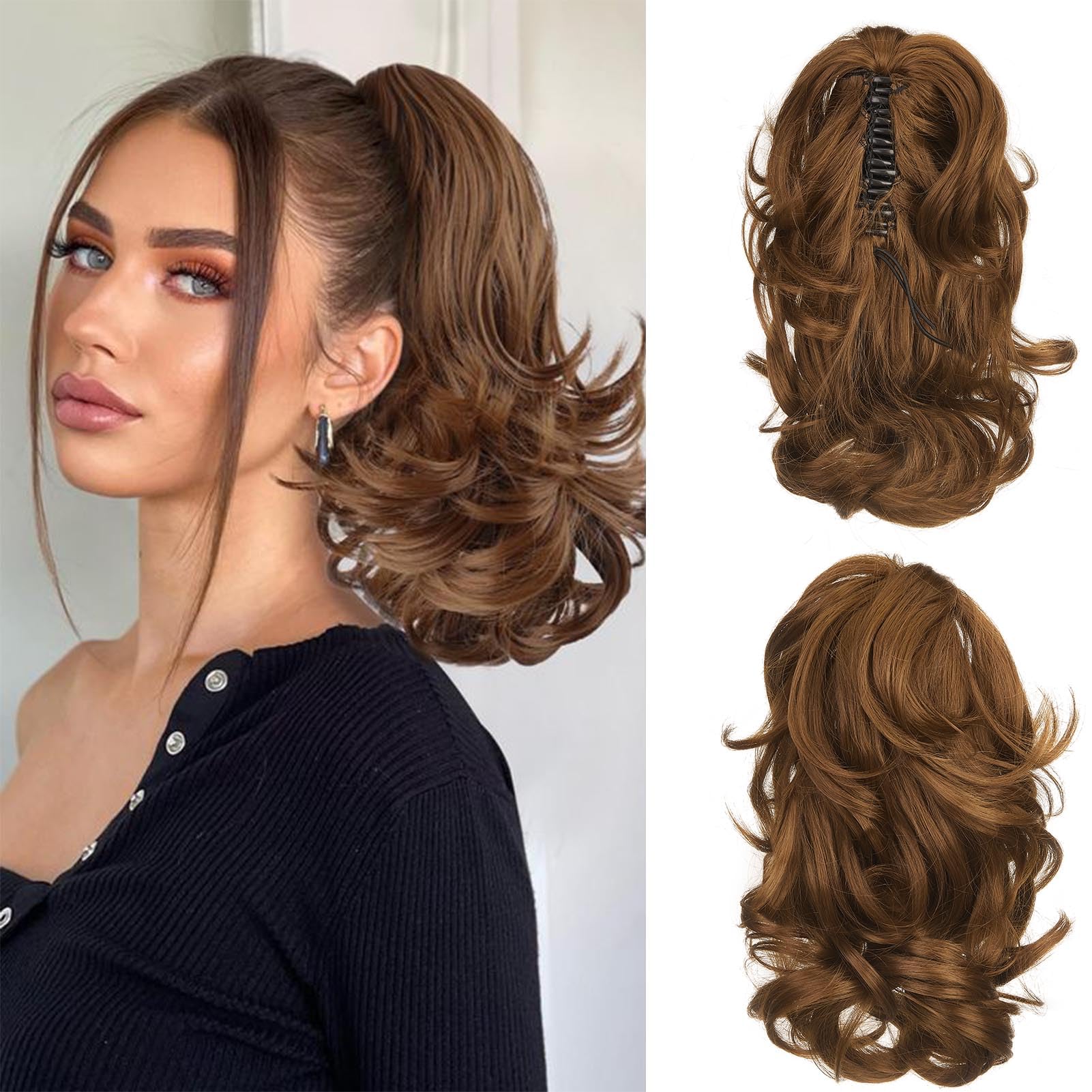 Cybelleza 14 inch Ponytail Hair Extension Curly Wavy Claw Jaw on Long Short Cute Pony Tails Clip in Hair Extensions Ponytail Hairpieces Synthetic for Women, Light Auburn