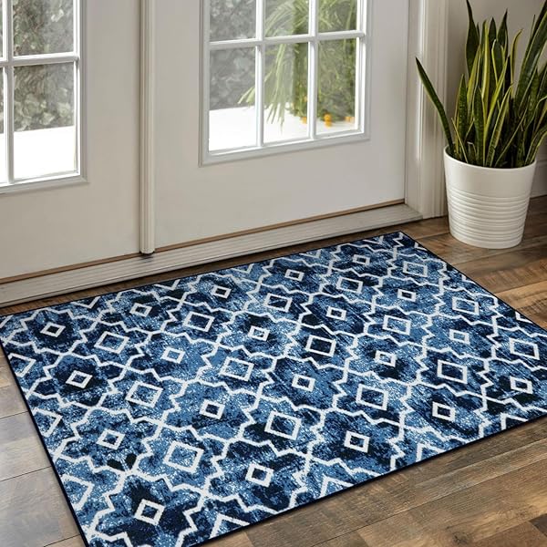 WONNITAR MOROCCAN INDOOR DOOR MAT, 36″X59″ ENTRY RUG WASHABLE FRONT DOOR MAT, NON-SLIP ABSORBENT DIRT TRAPPER MAT, LOW-PROFILE FLOOR CARPET FOR ENTRYWAY KITCHEN BATHROOM (POST BLUE,59” X 35.4”)