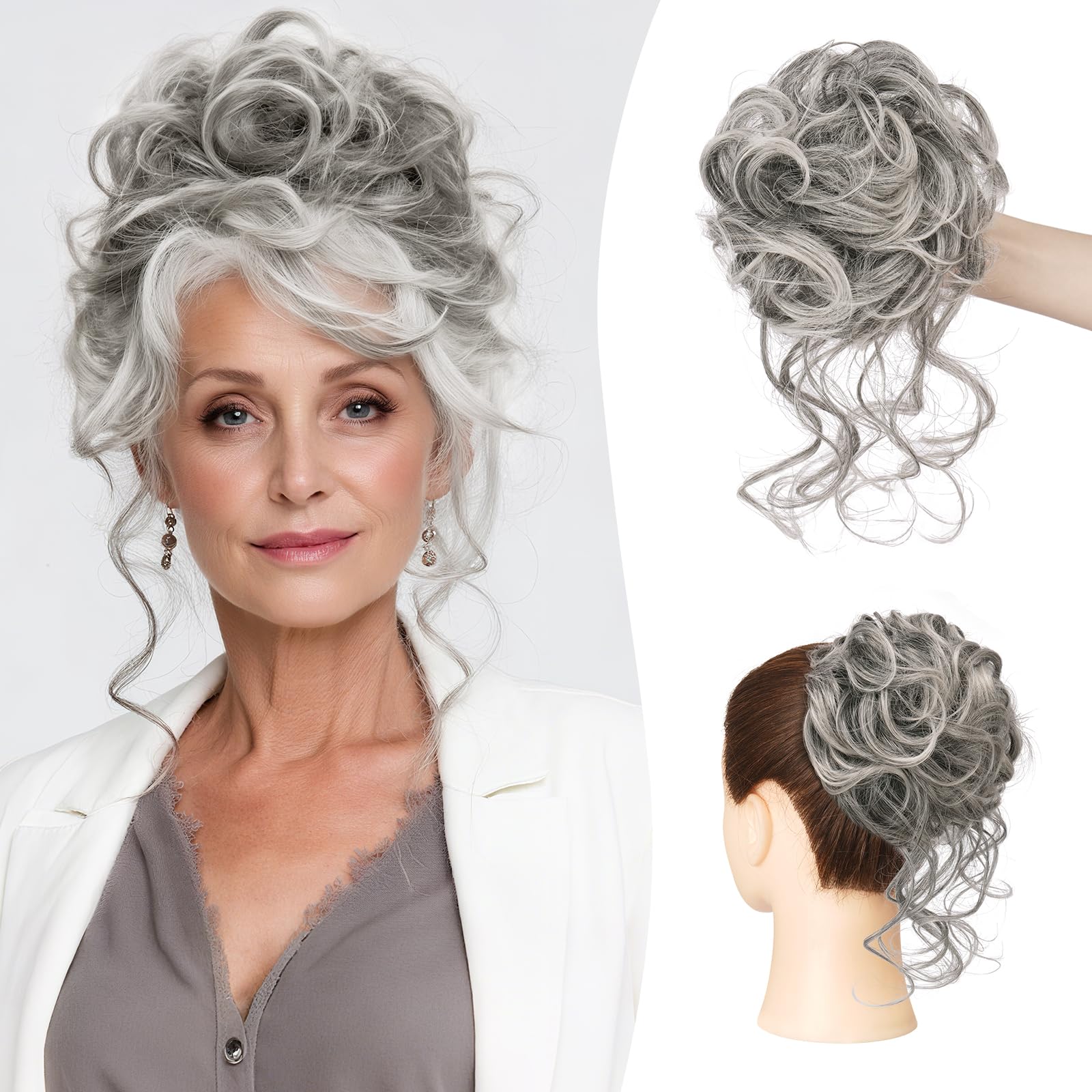 Sofeiyan Messy Bun Hair Piece Curly Wavy Hair Extensions Synthetic Tousled Updo with Tendrils Hairpieces Bun Donut Accessories Scrunchies for Women, Black Mix Grey Tips