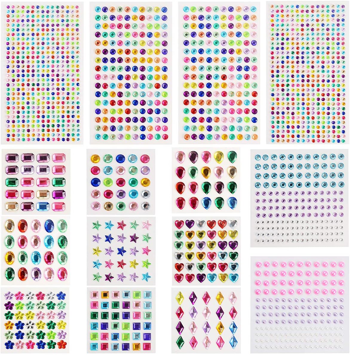 Herefun Glitzersteine Selbstklebend, 1800PCS Strasssteine Selbstklebende Schmucksteine, Acryl Bunt Selbstklebend Strass Sticker Kristall Diamant, Glitzersteine zum Aufkleben und Gestalten, 15 Blätter